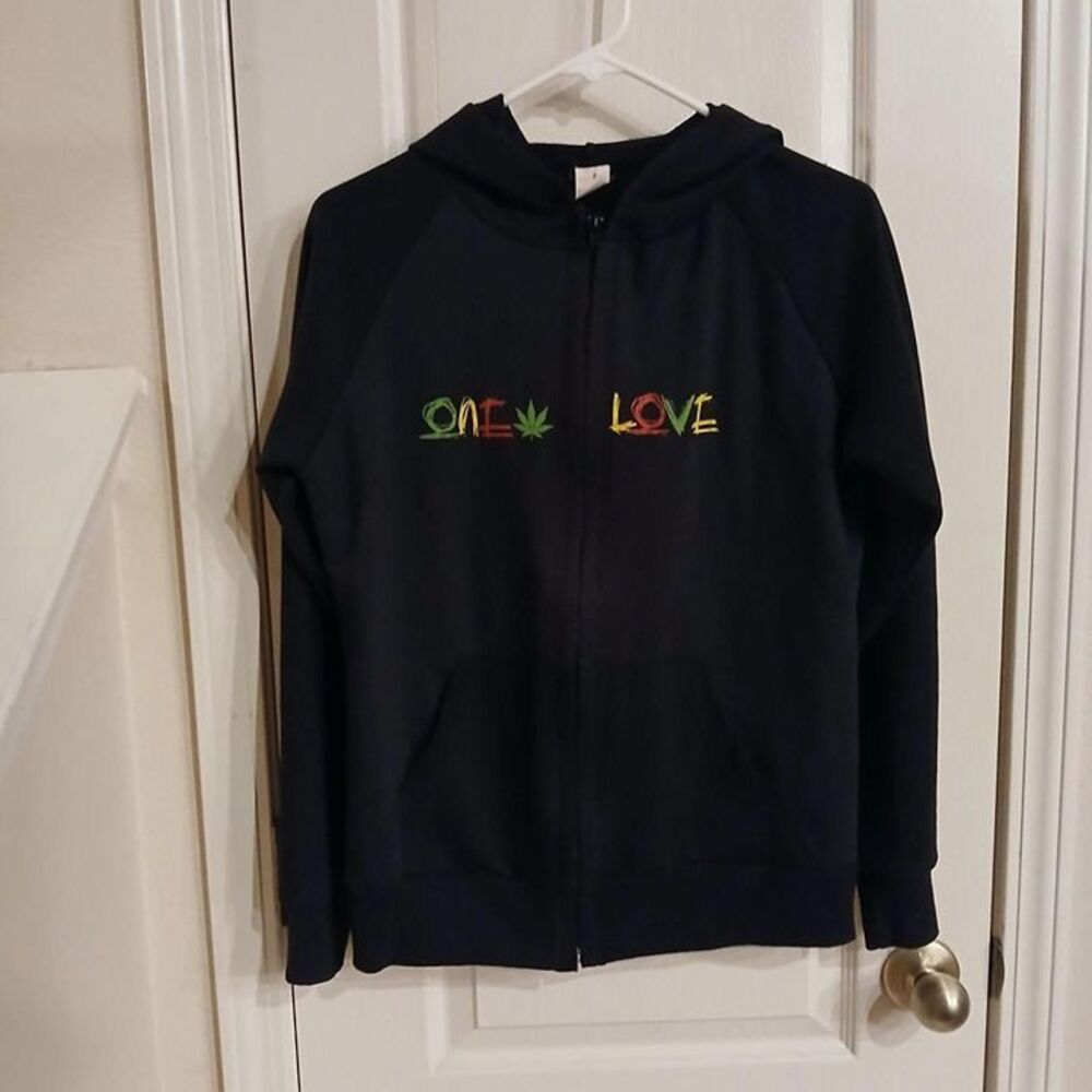 Black zip up hoodie with "One Love" design size large hippie rasta